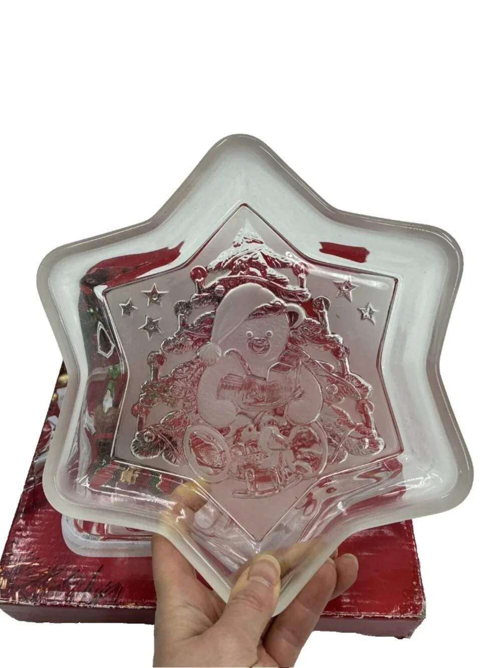Mikasa Christmas Glass Dish Teddy Bear Star Candy Trinket Holiday Decor Vintage